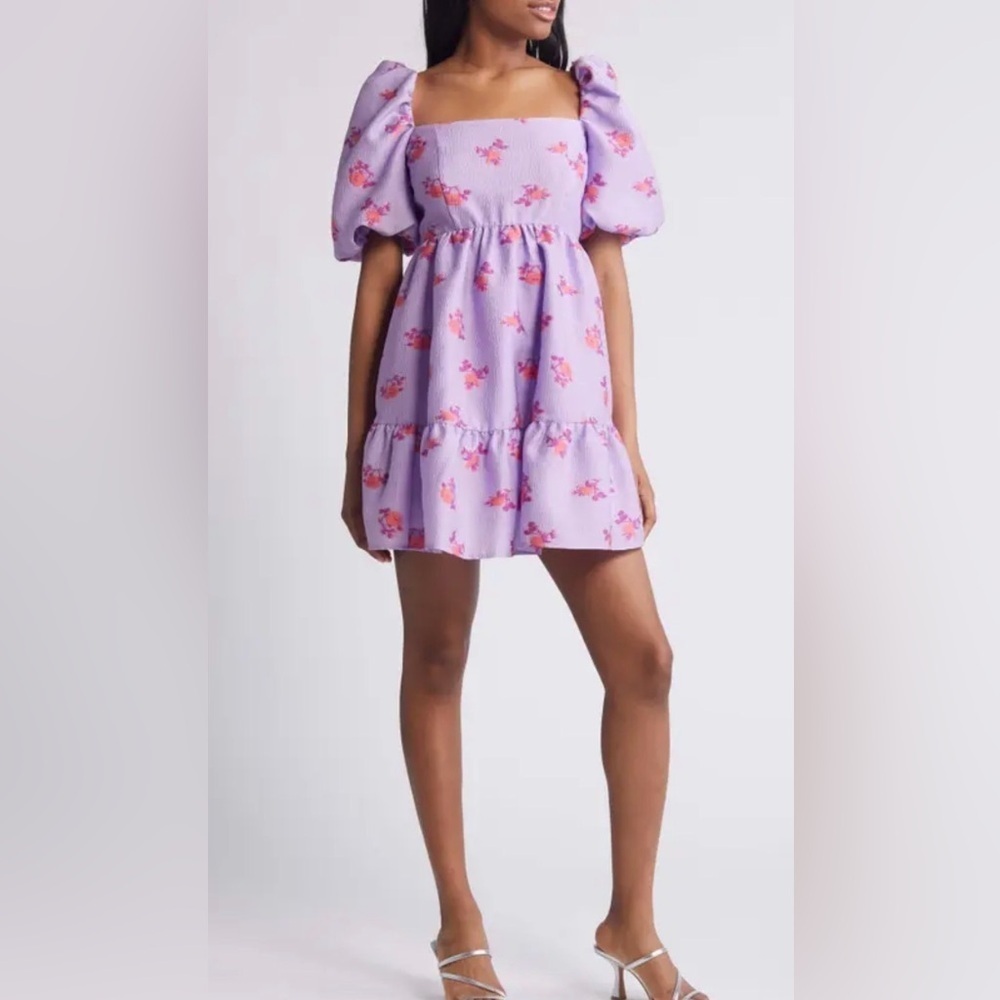CHELSEA28 Brocade Puff Sleeve Babydoll Dress In Purple size xsmall. - Picture 2 of 11